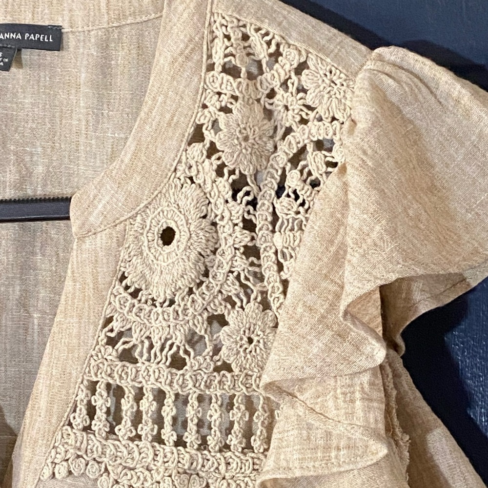 Adrianna Papell Boho Crochet Lace Yoke Top S Flutter Sleeve Cottagecore Ruffle - Picture 8 of 10